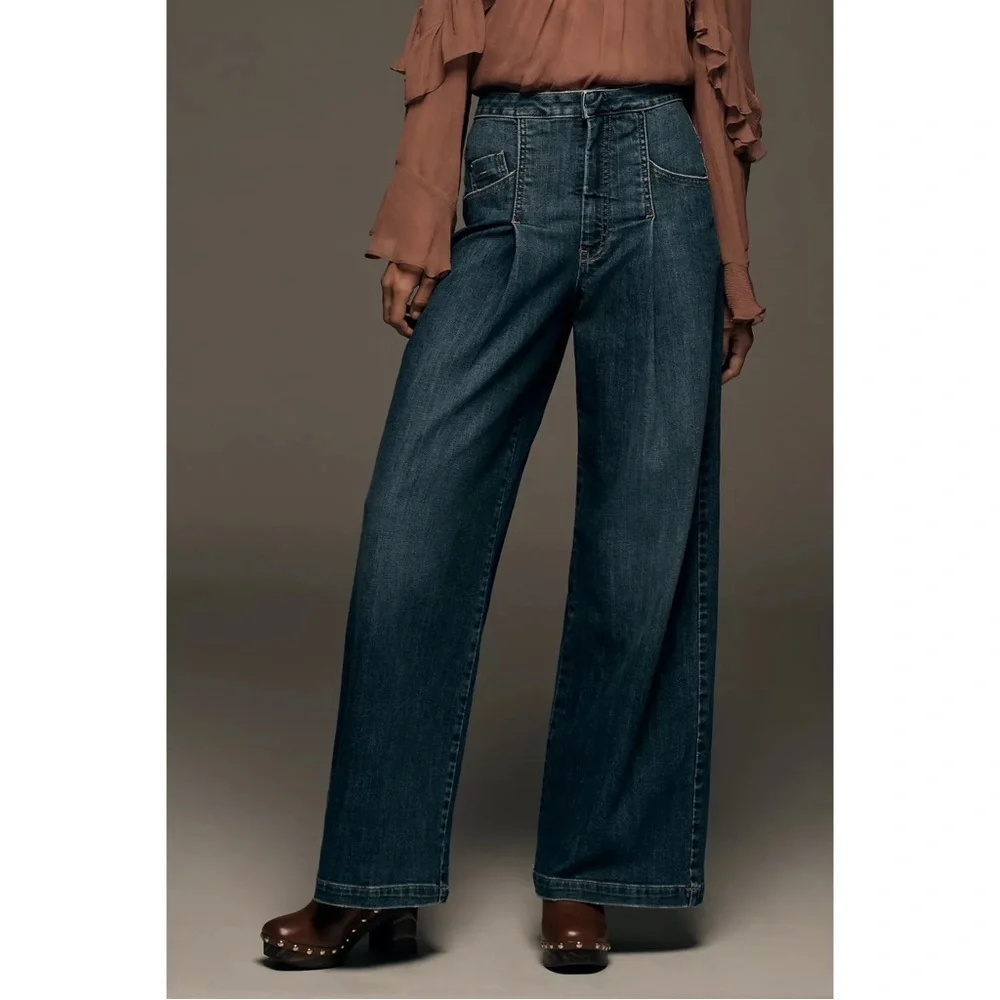 Anthropologie Pilcro Emory Pleated High Rise Wide Leg Trouser Jeans Dark Wash 28 - Picture 8 of 9